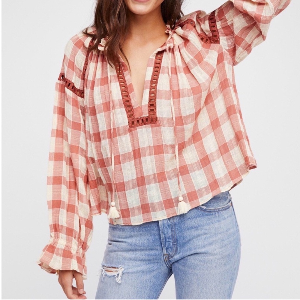 Free People Top S Honey Grove Knit Blouse Burnt Red Fall Plaid Cotton Peasant